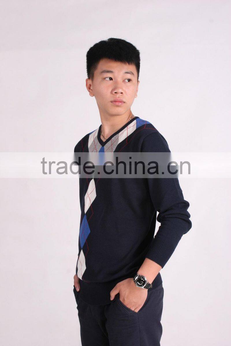 2015 New Fashion Design Navy Blue V Neck Sweater