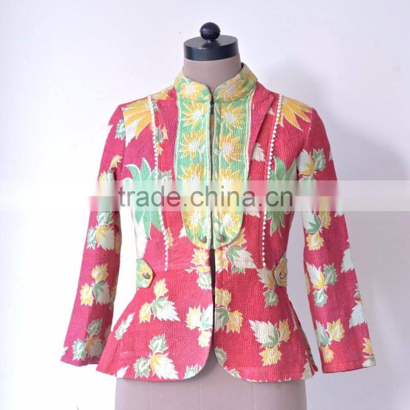 Handmade Vintage Kantha Boho Jacket in One of a Kind Fuschia & Green Print ~ Small