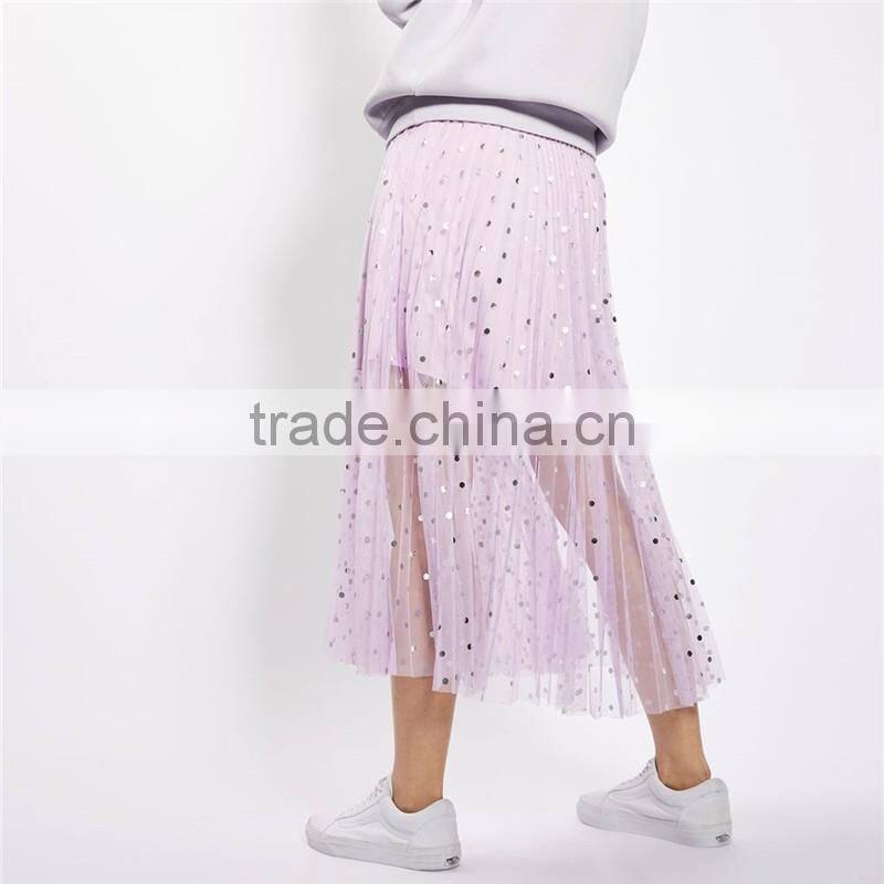 2017 OEM Summer Semi Perspective Tulle Flowy Skirts with Paillettes
