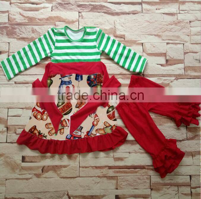 wholesale children's boutique outfit baby Girls' Christma new design green stripe clothes