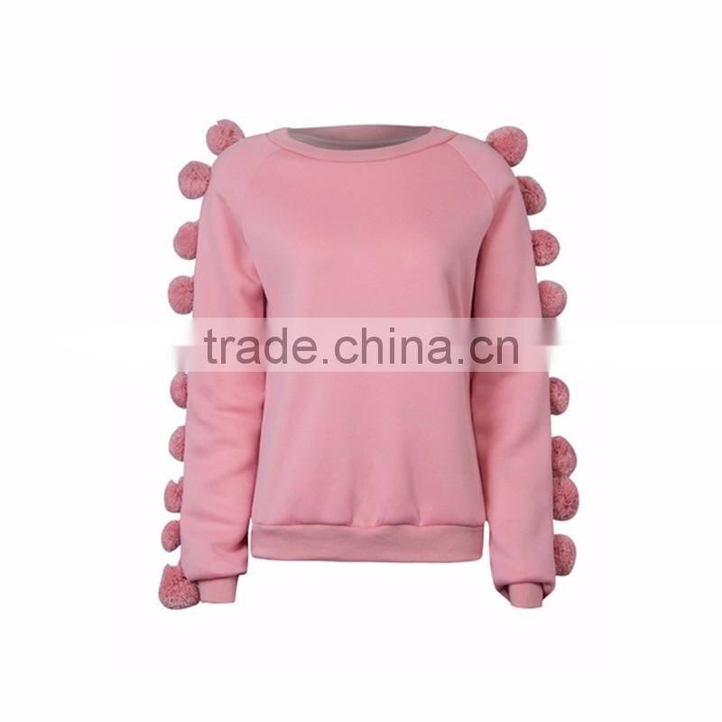 Ladies Cute Pink Pom Pom Embellished Sleeve Basic Sweatshirts