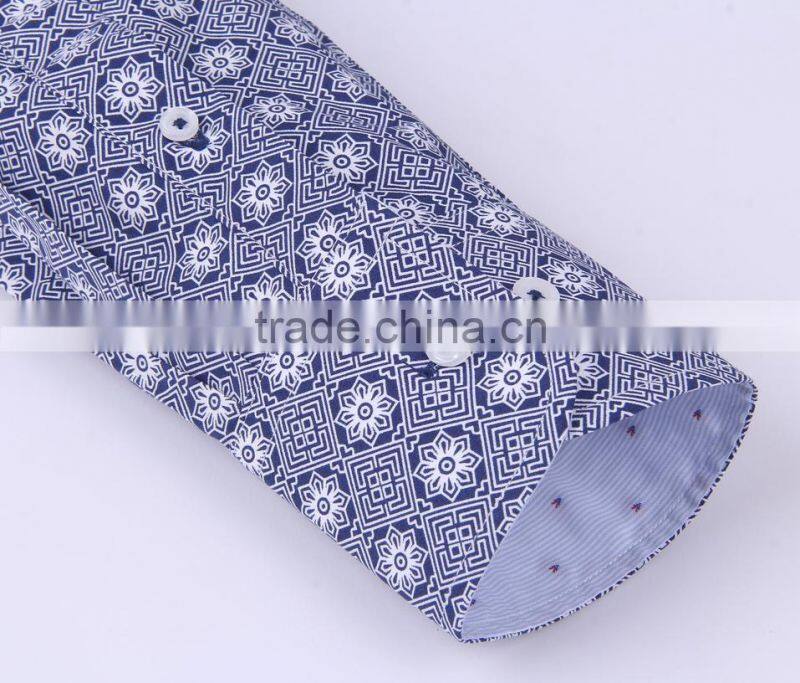 2017 men's long sleeve graphic printed slim fit shirt with contrast collar and cuff