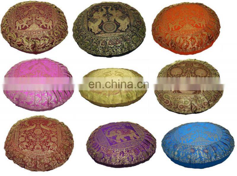 10pc Indian Silk Brocade Round Pillow Cover 17" Handmade Banarsi Cushion Cover