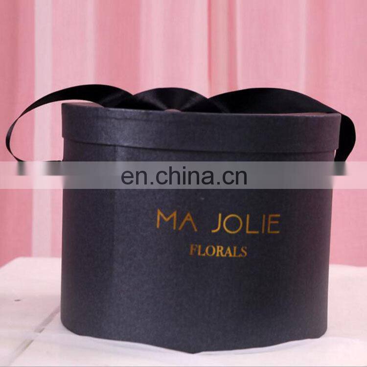 manufacture customized Round gift/flower packaging black cardboard paper box with gold logo printing and ribbon handle