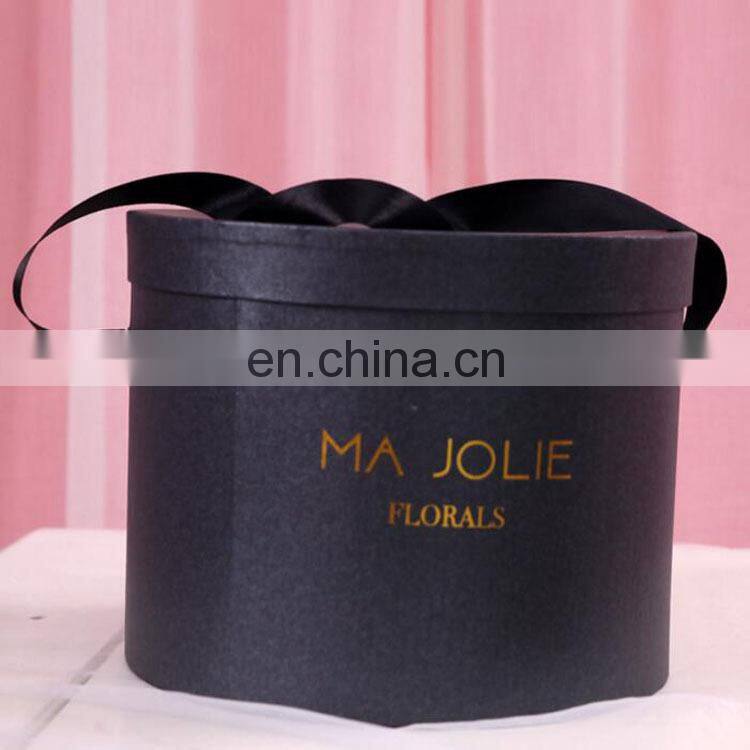 manufacture customized Round gift/flower packaging black cardboard paper box with gold logo printing and ribbon handle