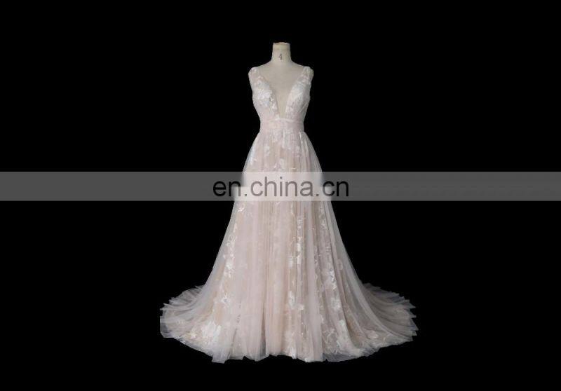 Tiamero peach color party wine deep V backless wedding gowns evening dress ball