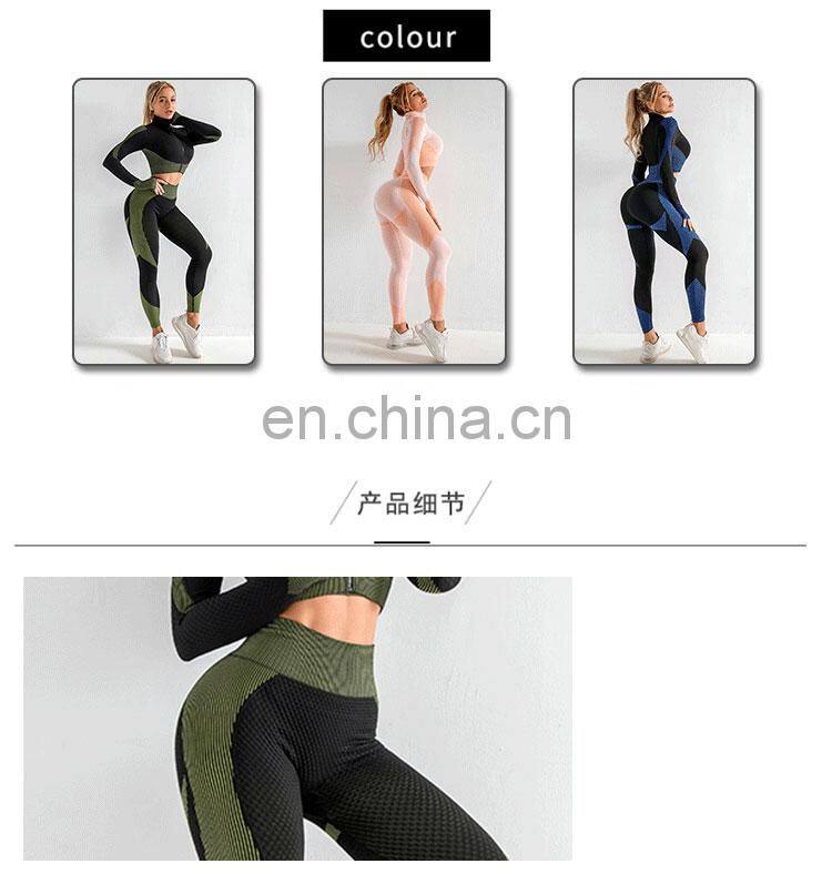 Wholesale women 3 pieces crop top leggings and sports bra workout clothes 3 pieces seamless yoga belt zipper suit