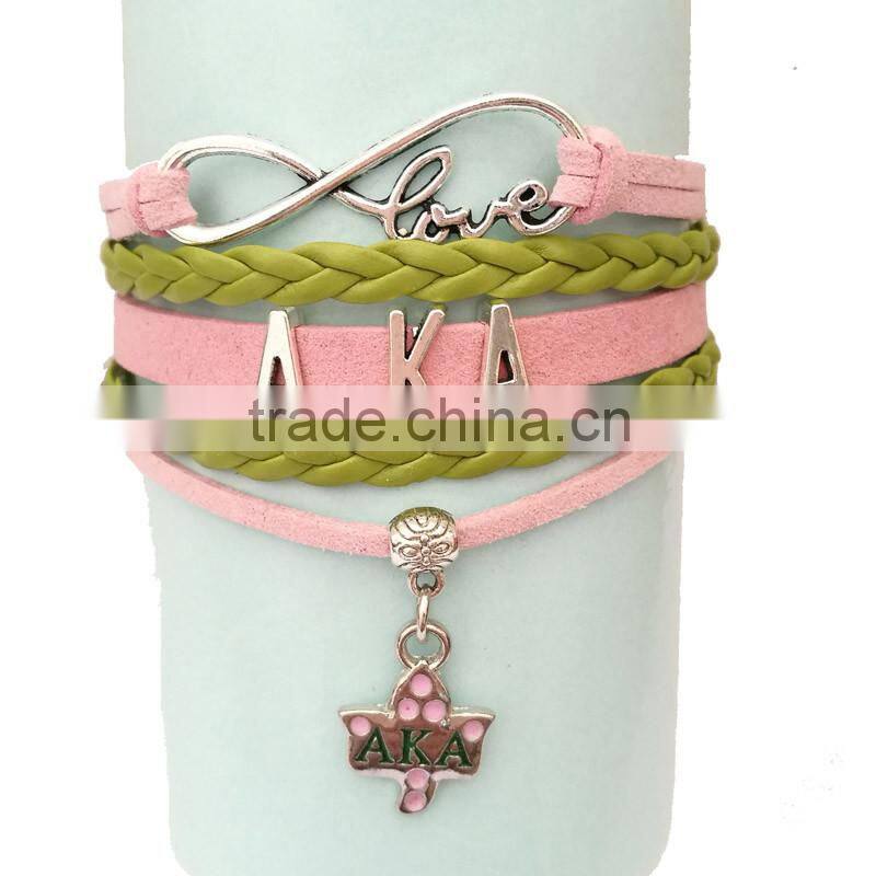 Newest AKA Wrap Bracelet Leaf Alpha Kappaa Alpha AKA Heart Pink Green Custom leather bracelet