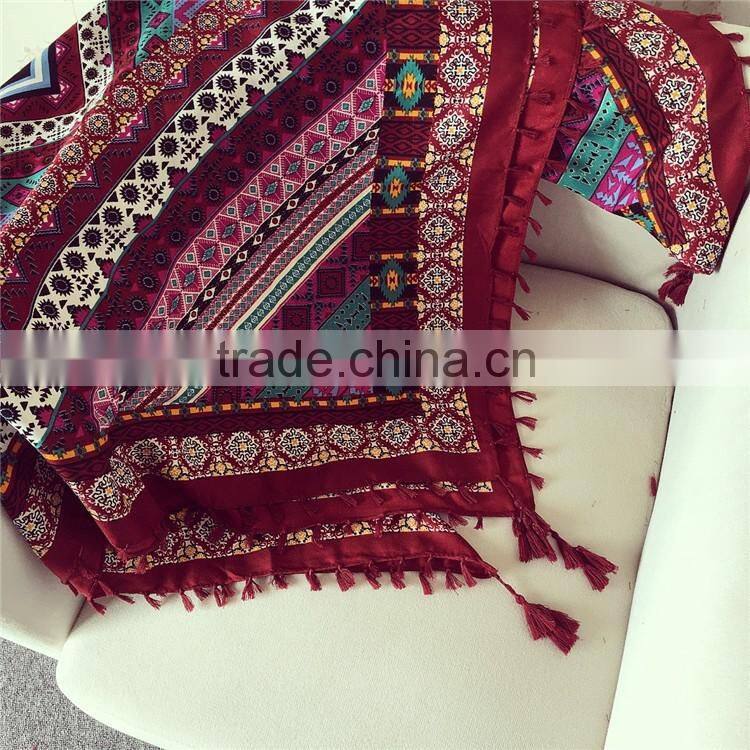 Fashion Retro Printed Pattern with Tassels Women Square Pashmina Encryption Twill Cotton Scarf