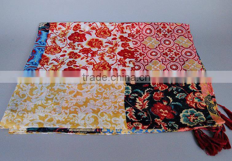 Wholesale New Lady Fashion Patch Printed Cotton Scarf With Tassel