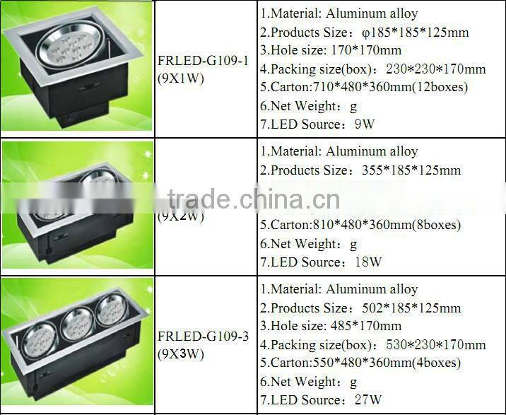 9W power LED grille light box(lamp cover) aluminum alloy square suitable for installation in a ceiling scriptorium