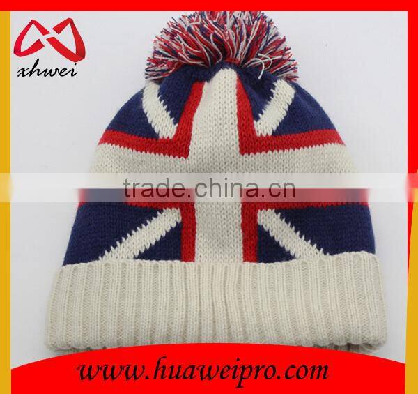 British national flag knitted beanie with pom poms and top ball