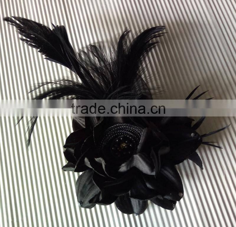Colorful Artificial Fabric and Feather Flower Brooch