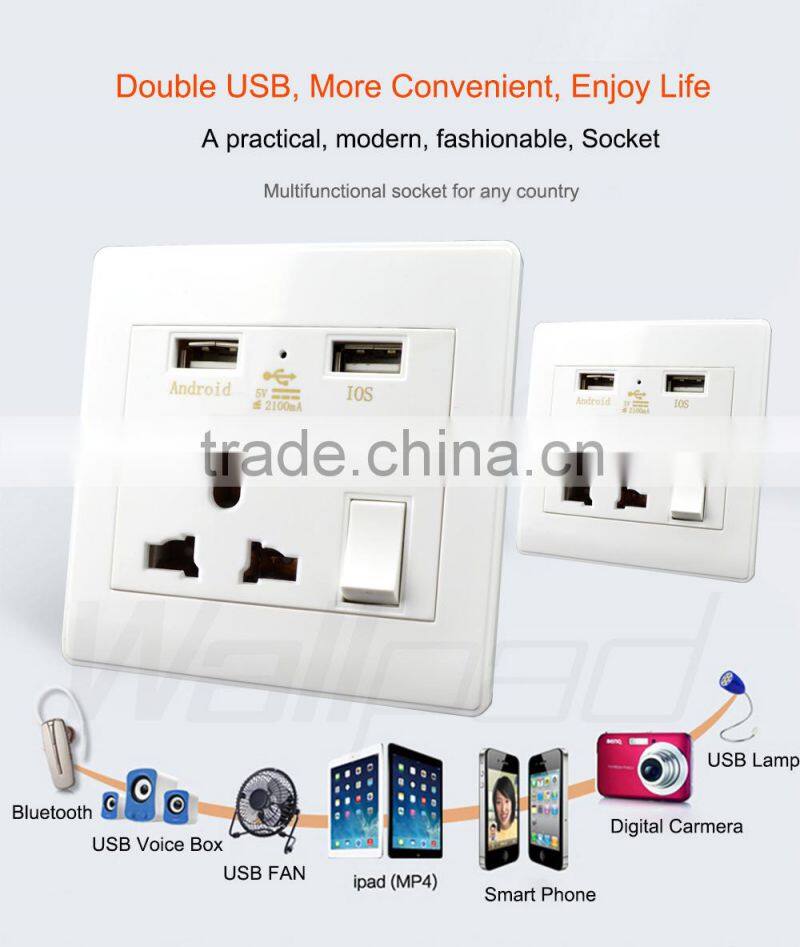 New Arrival Wallpad PC110~250V Electrical Universal Socket with Usb Charger Ports 2100ma USB Power Wall Light Socket eu uk