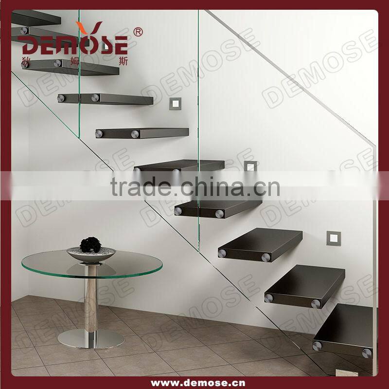 cantilevered glass railing wood stair
