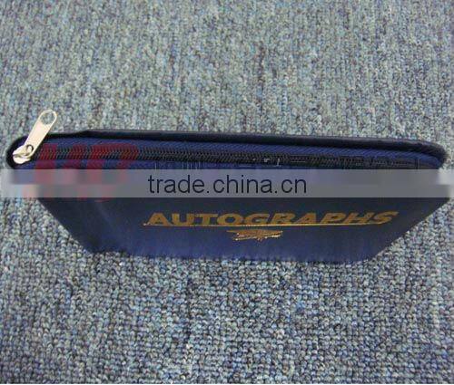 Navy Blue Zipper Closed Leatherette Autograph Book with Golden Stamping
