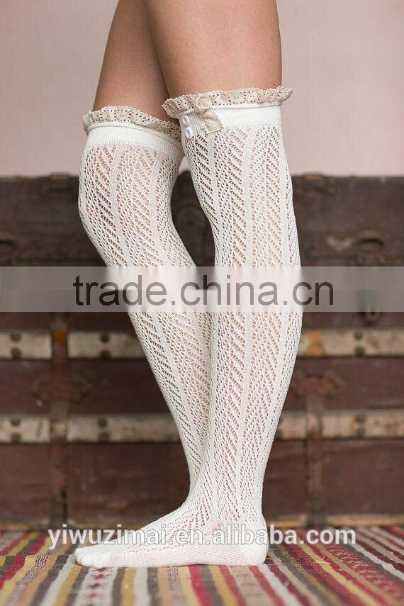 2015 Autumn and winter lace button cotton socks knee-high boots socks
