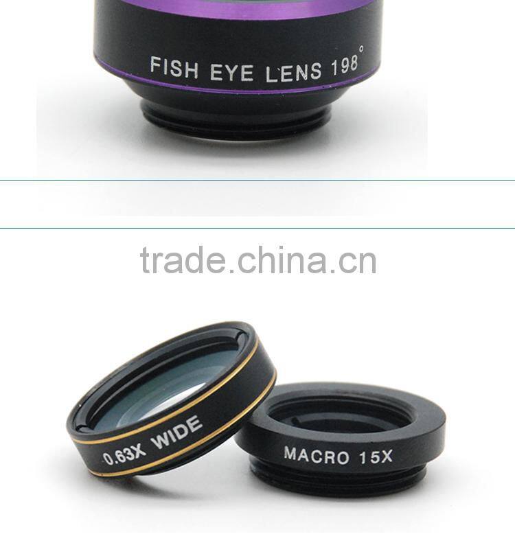 Christimas Gift 3 in1 Lens 198 Fisheye Lens Universal 0.63 Wide Angle 15 Micro Lens For iphone 5S 6S plus