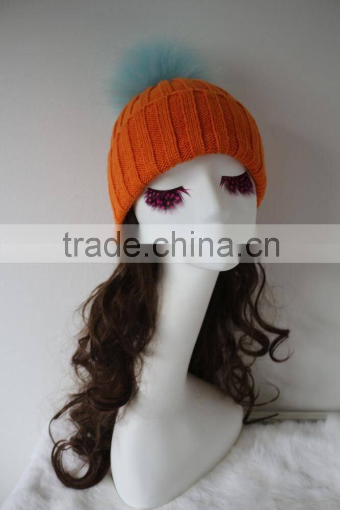 Vintage Design Stylish Baby Blue Raccoon Fur Ball/Pompom Orange Rib Knitted Wool Beanie Cap/Hat