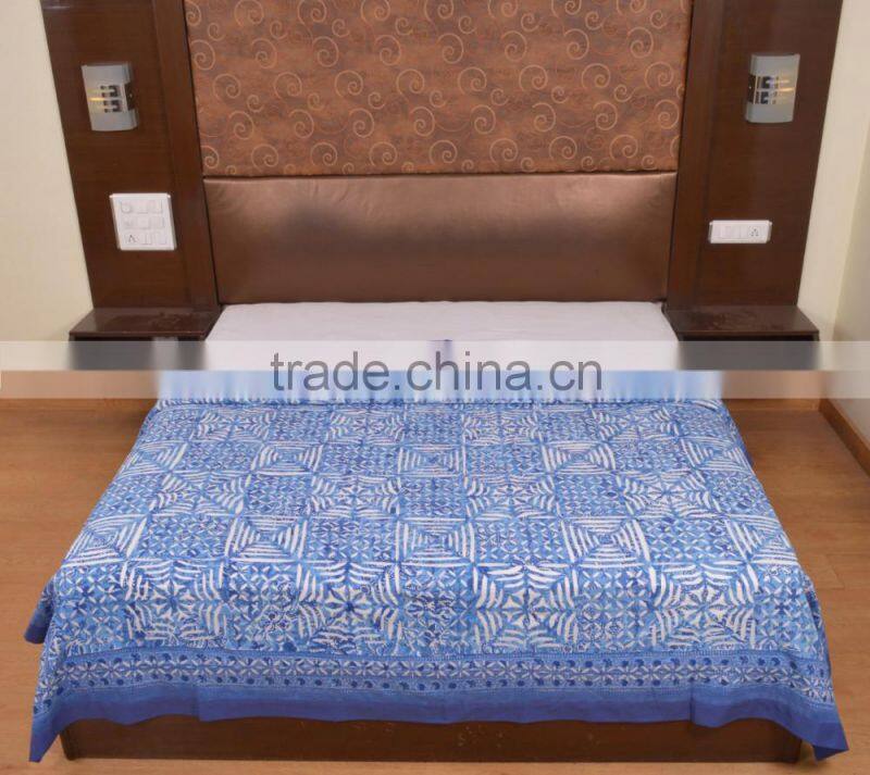 Indian Ethnic Hand Block Print Bedspread Applique Cut Work Bedding Indigo Bed Cover Throw