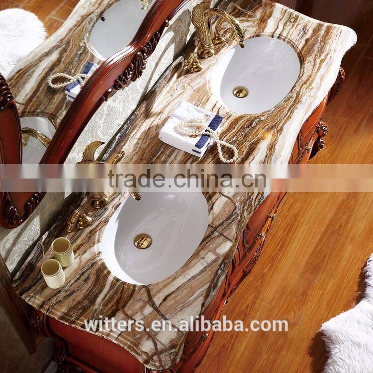 WTS-8188 70 inch luxury bathroom furniture golden decoration double sinks wood bathroom vanity cabinets with three holes