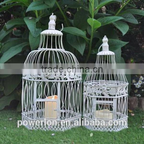 Elegant patio decoration antique white metal S/2 bird cage flower holder