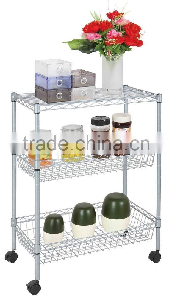metal wire kitchen rack with 4 wheels, kitchen storage rack trolley cart