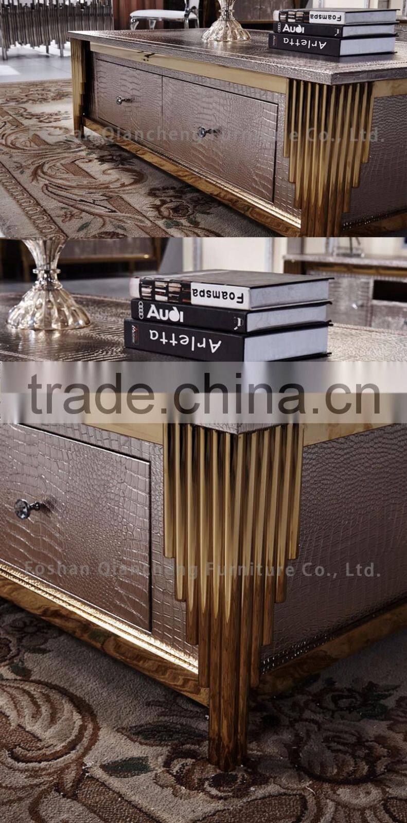 simple style rose golden coffee table set with drawer