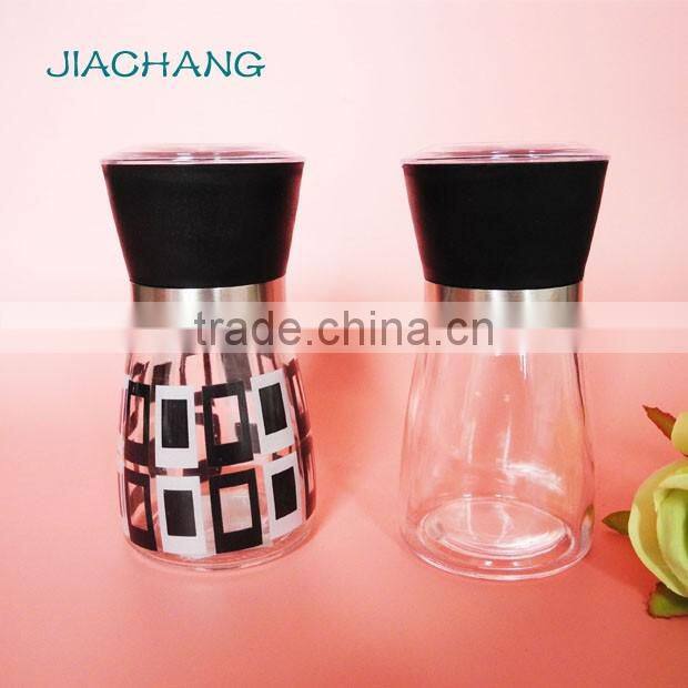 manual slender glass spice grinder jars with black lid