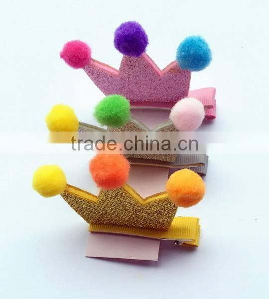 China Alibaba new design cute no slip princess crown polyester hair clips fabric hairpin with sequin pompon for bulk boutique