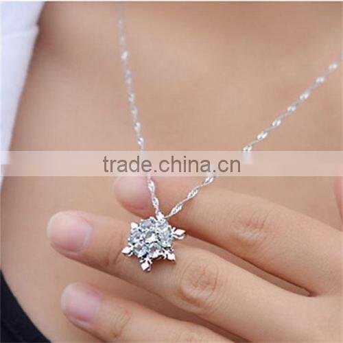 Cheap 2016 new XMAS Gift Blue Crystal Snowflake Frozen Flower Silver Plated Necklace Pendant