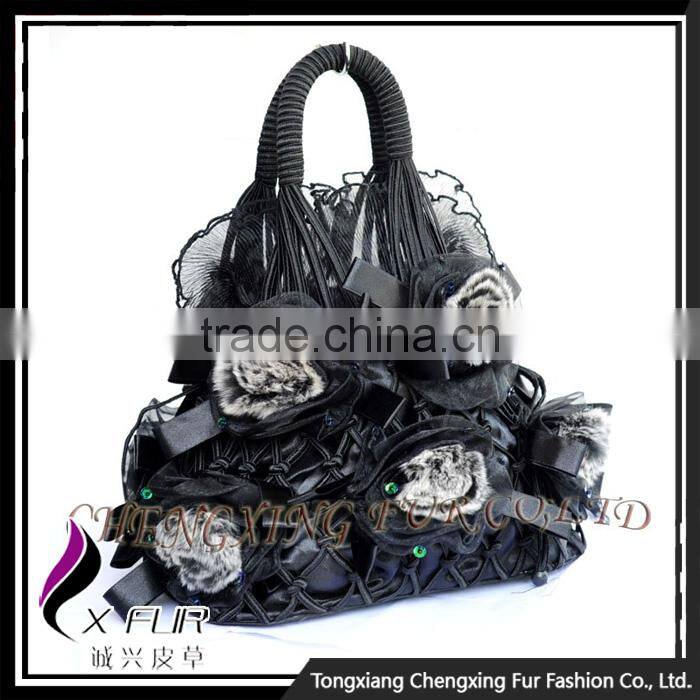 CX-H-30C Genuine Rex Fur Flower Handmade Evening Women Bag