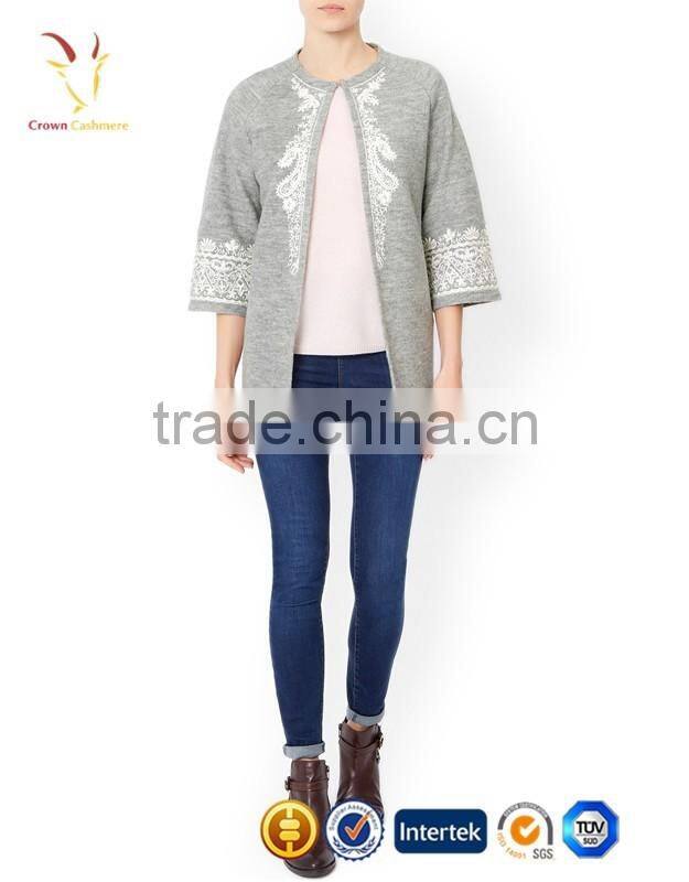 Intarsia Bracelet Sleeve Long Cashmere Women Cardigan Coat