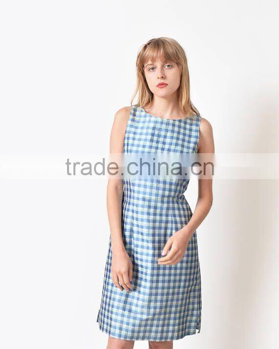 Women Summer Blue Gingham Dress Vintage Sleeveless Dress For Girls