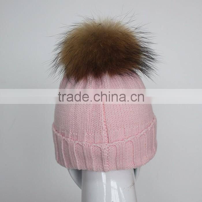 Myfur Baby Pink High Quality Wool Acrylic Knitting Hat and Cap with Raccoon Fur Ball Wholesale