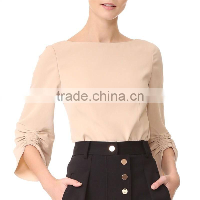 2017 OEM Smocked Elastic Gathered Cuff Wide Neckline Stylish Blouse