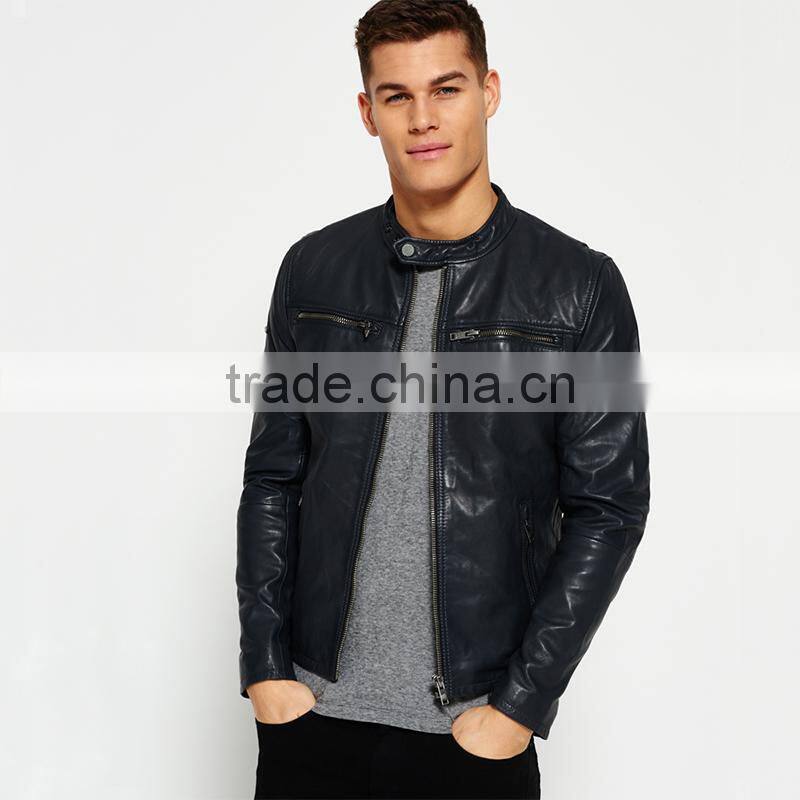 Classic real hero collarless round neck biker waterproof leather men jacket