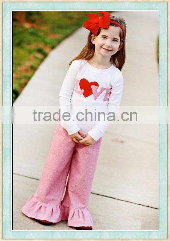 2016 Baby Girls Love Applique for Valentines White Shirt Red Heart Print Pink Ruffle Pants kids clothes fall girls clothing
