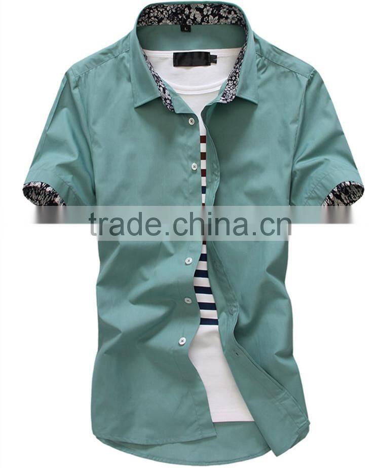 Slim light lake blue color short sleeve cotton men shirts