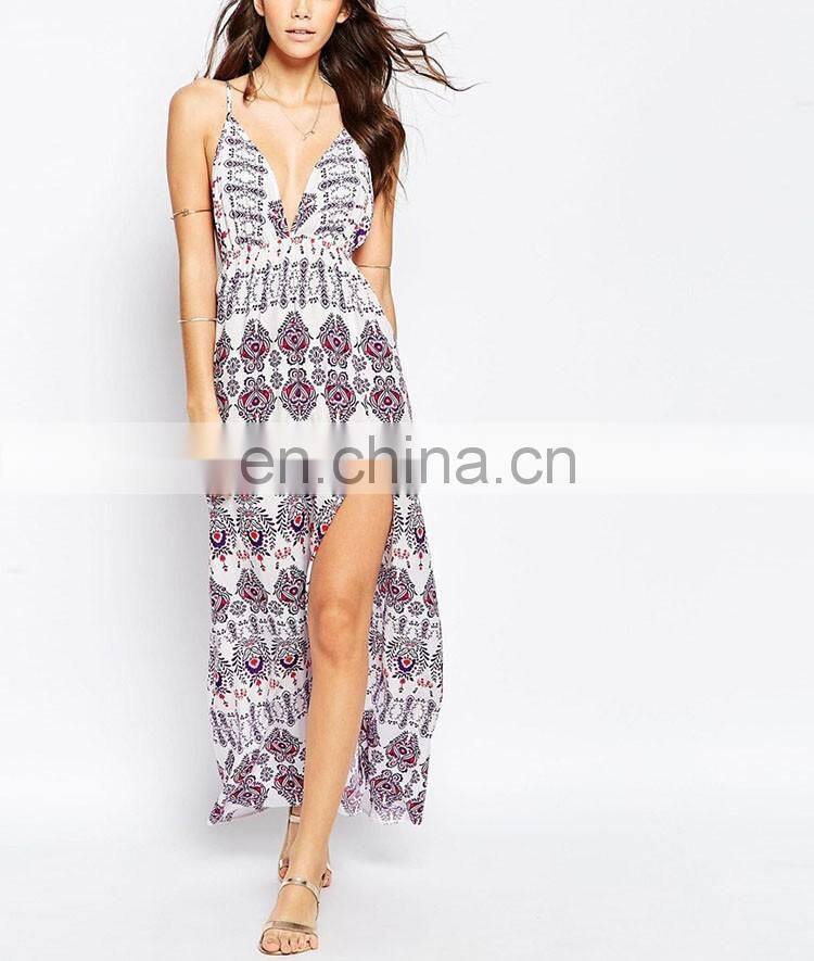 OEM Service China Factory Maxi Long Floral Plunge Spaghetti Strip Cross Back Side Split Beach Trendy Dress 2017