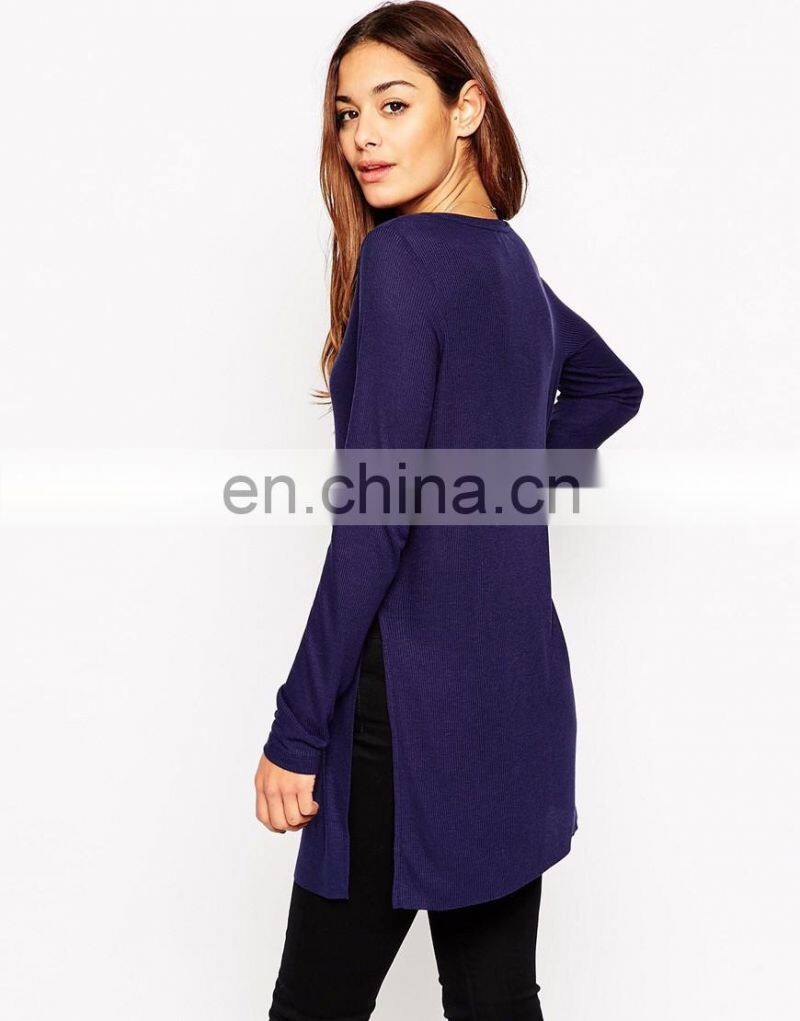 Purple color woman long sleeves spring knitted blouse with side split