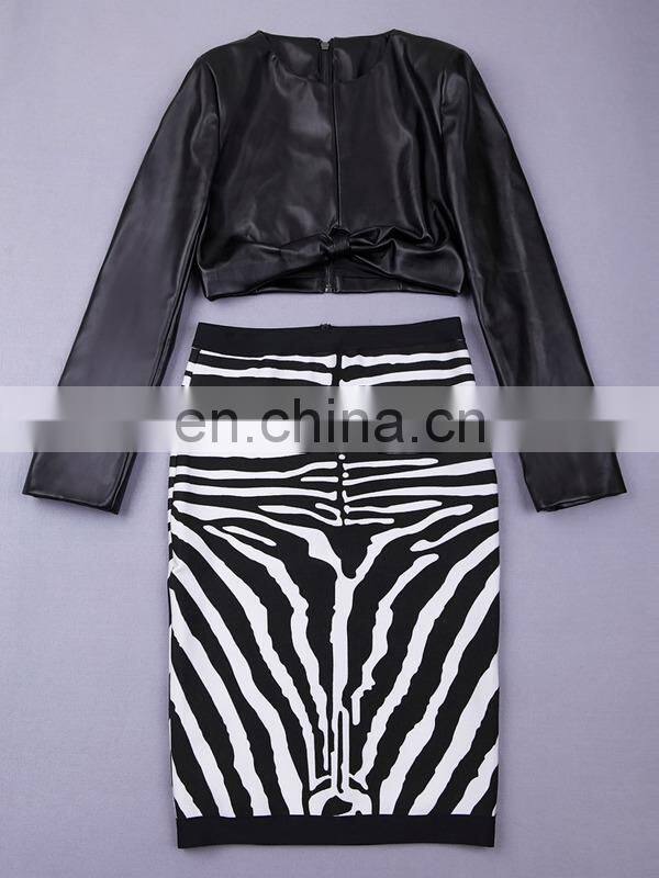 long sleeve leather ruck crop top and midi zebra-stripe pencil skirt bodycon bandage dress suit sexy evening dresses for women