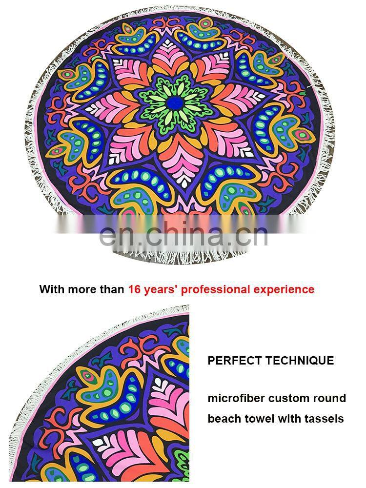 New arrival multi pattern color digital printed custom circle microfiber towels turkish round beach towel with tassels