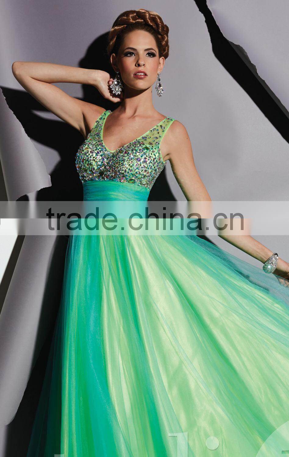 Hot Sale Elegant and Beautiful Organza Prom Dress with Colorful Beading and Tank High Quality V-Neck A-Line Prom Dress