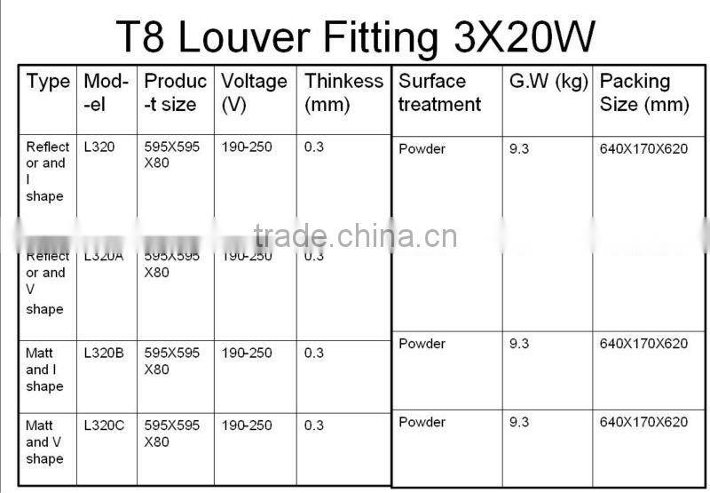 T8 Louver Fitting/grille 3X20W refeoctor and V shape