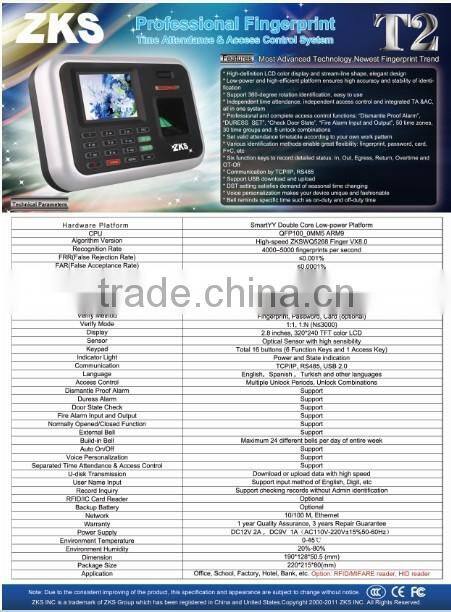 New ! Fingerprint Access Control and Time Attendance T2 with European EURO Power Plug Type AC Adapter