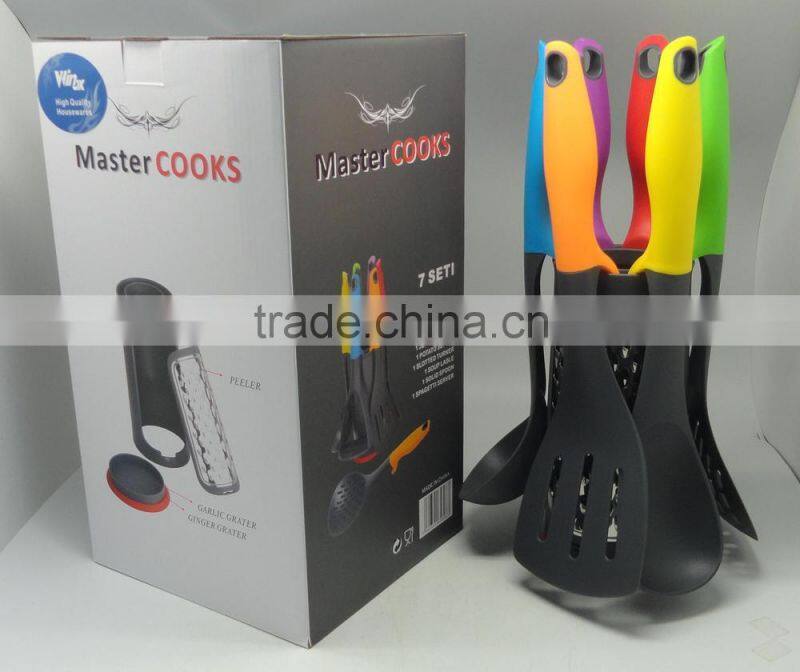 COLORFUL HANDLE NYLON 7PCS KITCHEN TOOL SET WITH STAND