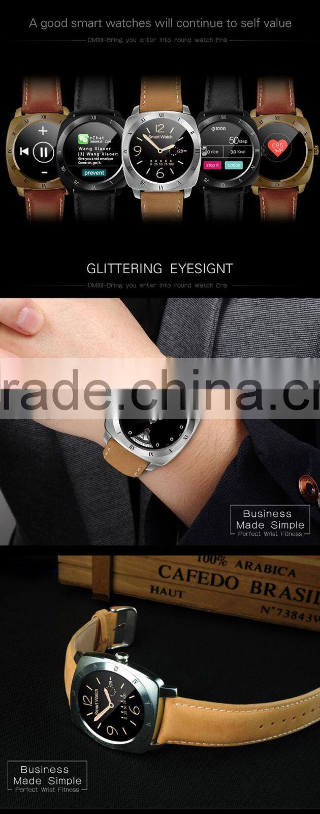 DM88 Nucleus OS bluetooth 3.0+4.0 1.22" screen Lithium-ion polymer battery heart rate monitor smart watch