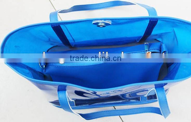double transparent pvc beach handbags with pu pouches