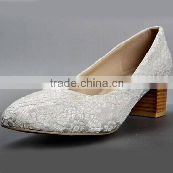 Block Heel white lace cloth Pumps shoes for woman